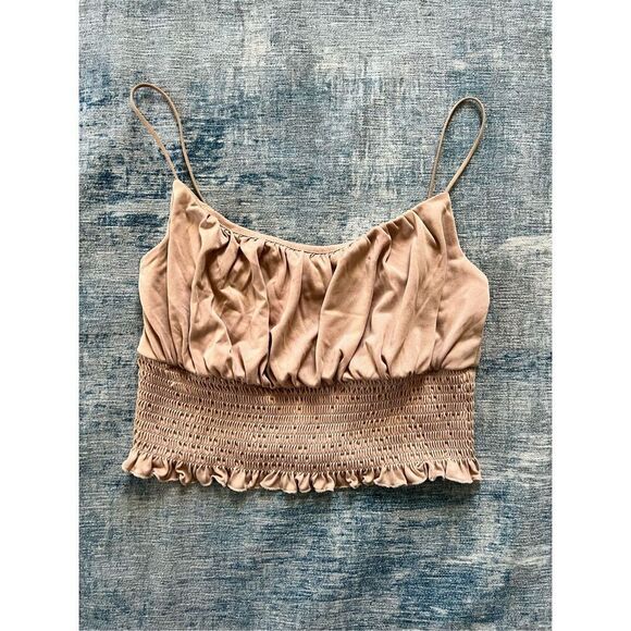 Love Tree Beige Tan Brown Pleated Smocked Ruffle Crop Top Medium - Picture 5 of 6